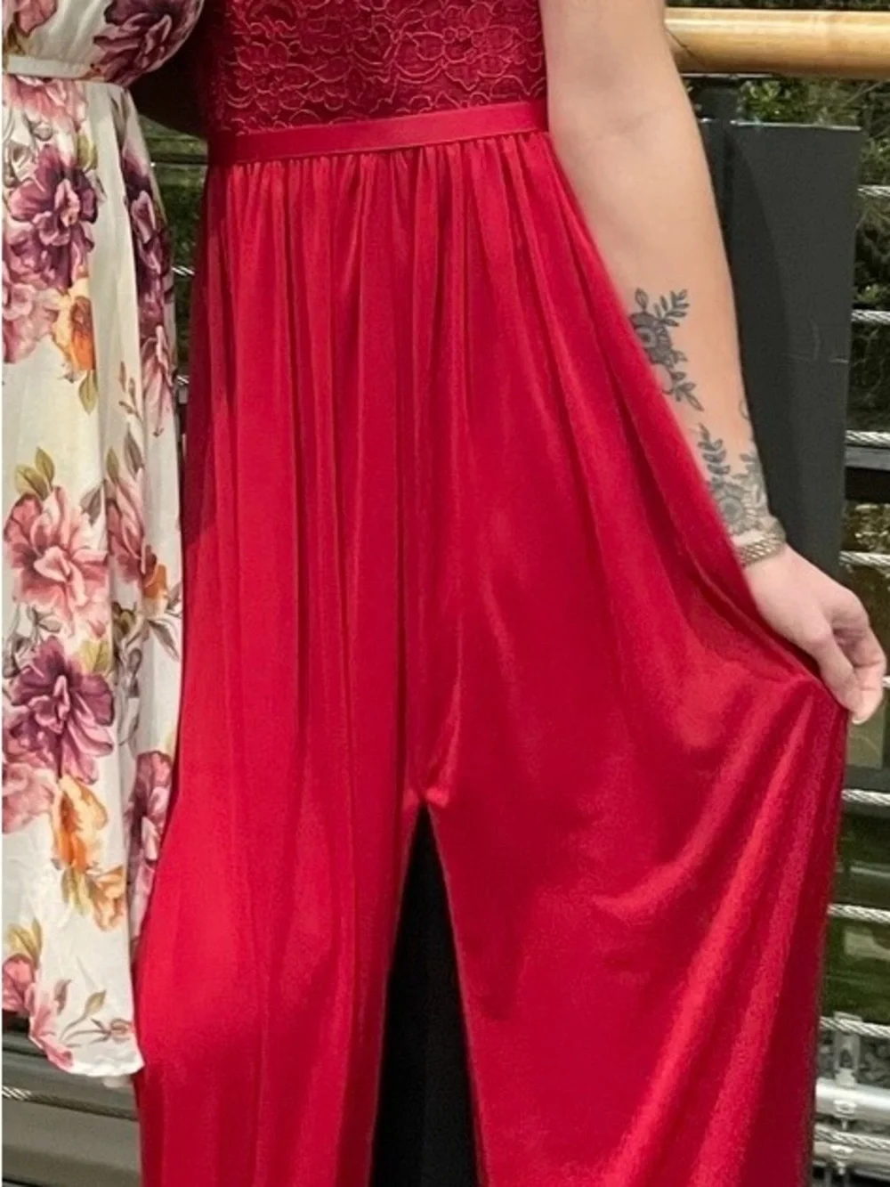 Red One-Shoulder Lace Bodice Maxi Dress - Women